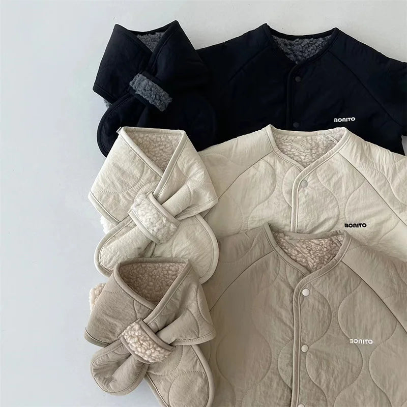 Korean Baby Jumpsuit Scarf Set Autumn Winter Lamb Wool Romper for Boys Girls Toddler Infant Clothes Loose Newborn Onesie 2Pcs