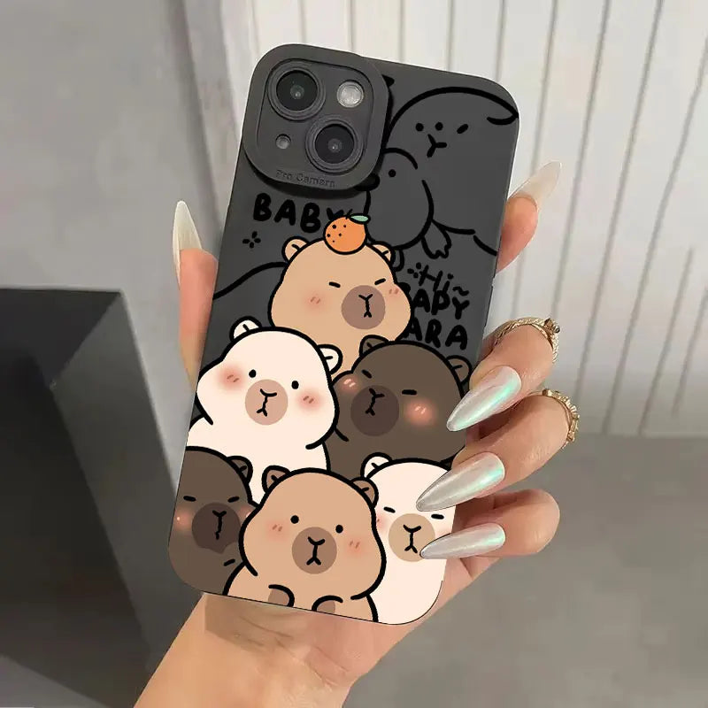 Case For iPhone 17 16 15 14 13 12 11 Pro Max Air XS X XR 16E Cute Capybara Pattern Matte Silicone Camera Lens Portector Cover