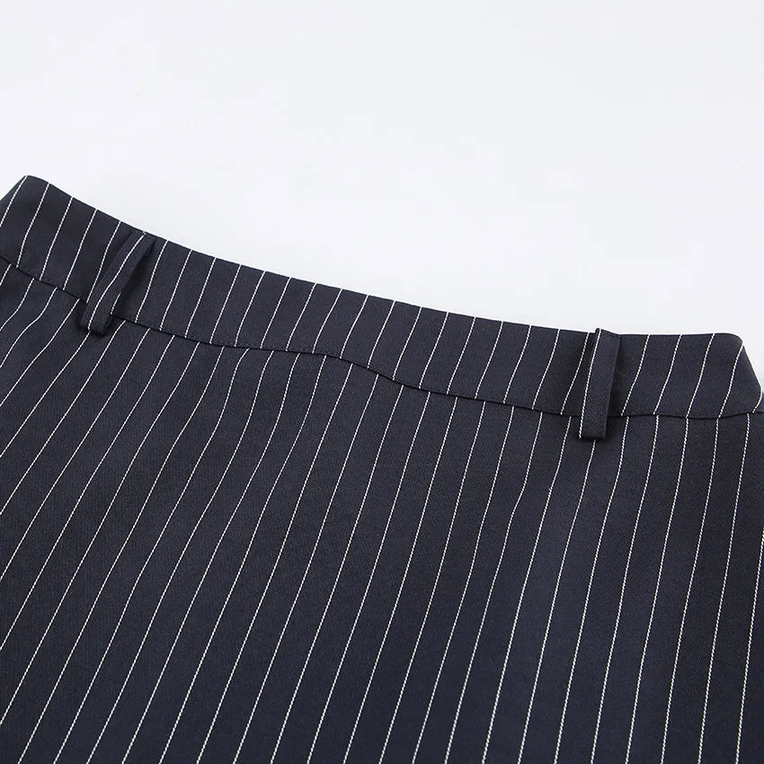 Women's Matching Sets 2026 Woman Navy Blue Striped V-neck Waist Small Suit Top Short A-shaped Skirt Women's Two-piece Set