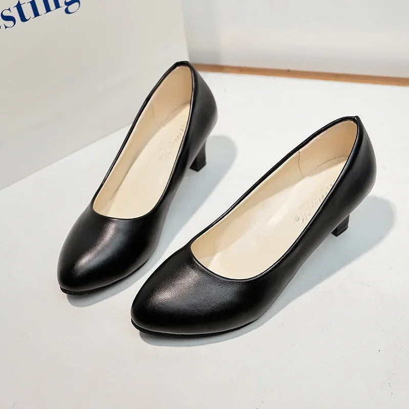 Spring Comfortable Professional Shoes Work Shoes Smart Casual Interview Shoes Women's Shoes Small Leather Shoes Medium Heel Blac