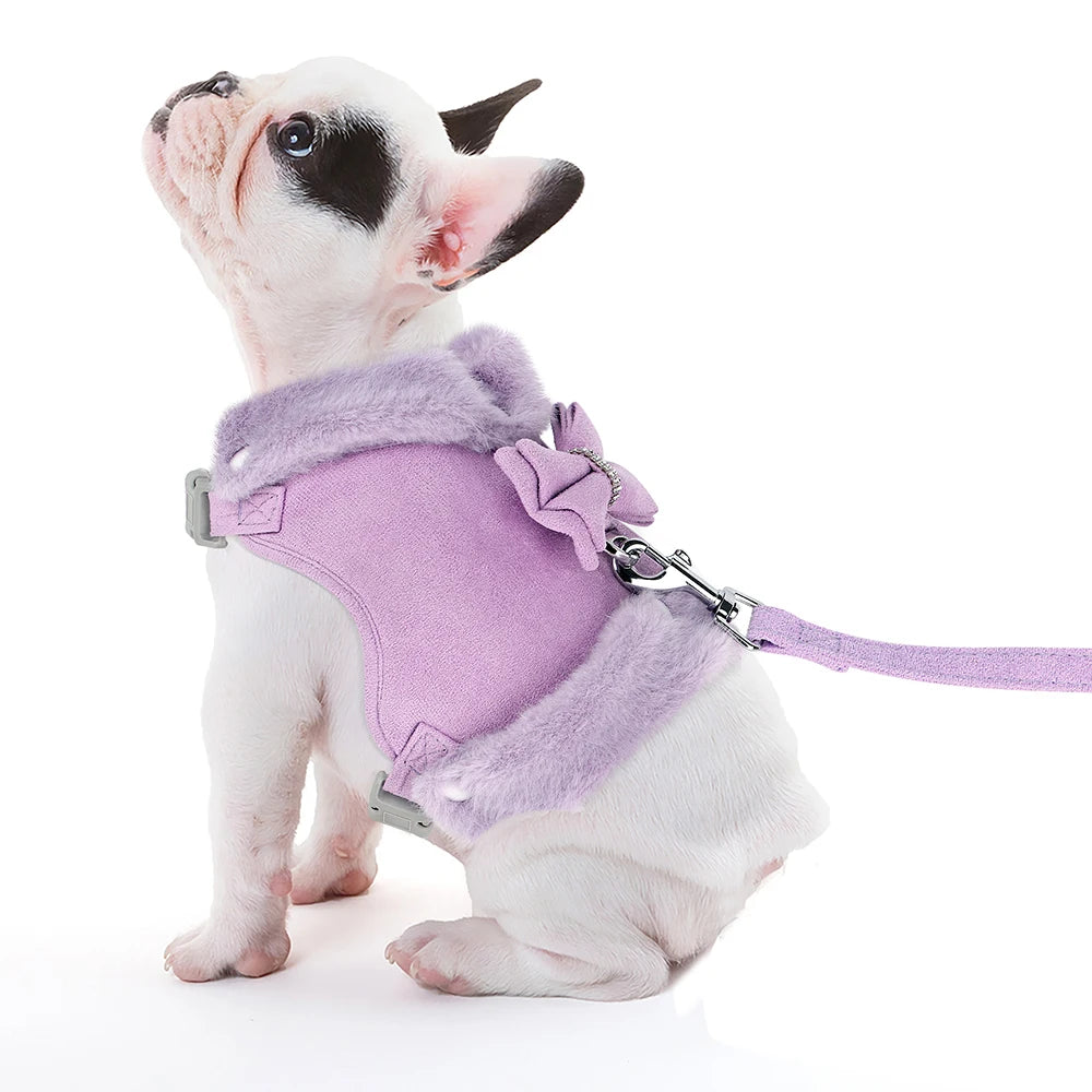 Soft Warm Dog Vest Harness and Leash Set Cute Bowknot Pet Winter Clothes Vest Warm Fur Small Dog Clothing French Bulldog Pink