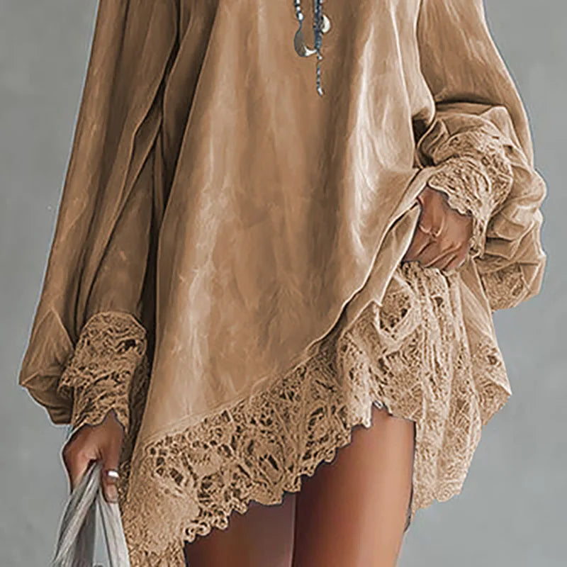 Woman Sexy V Neck Patchwork Lace Party Dress Spring Elegant Solid Loose Mini Dress Autumn Long Sleeve A-Line Boho Dress Vestidos