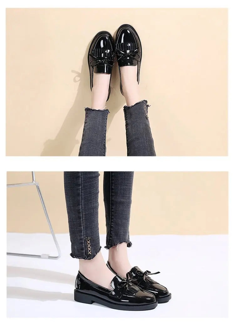 Black Patent Leather Women's Loafers Platform Slip on Shoes for Women 2025 New Spring British Tassel Casual Flats Shoes Woman