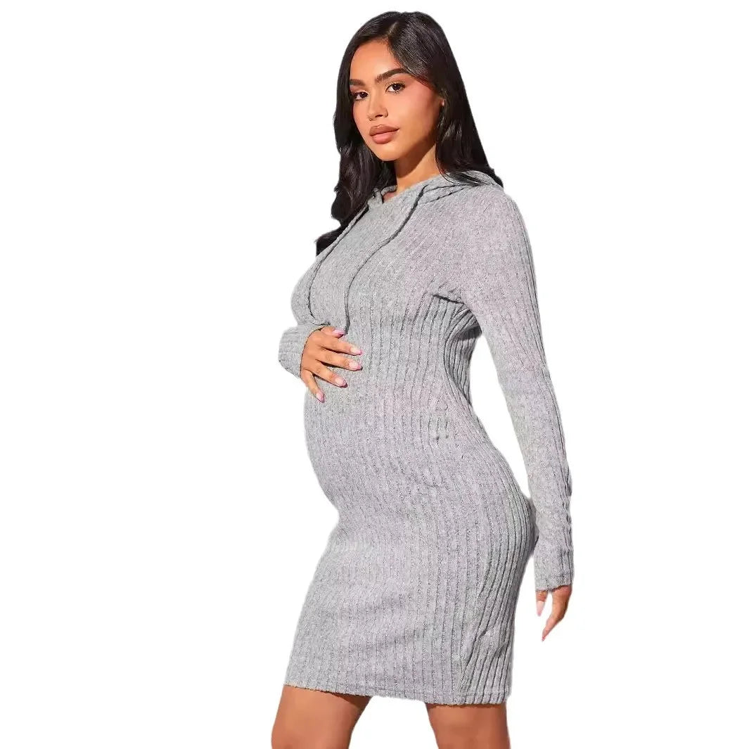 Pregnancy Dresses Relaxation Maternity Clothing Autumn Solid Color Knit Hoodie Daily Dress Close-fitting Skirt Women Clothes