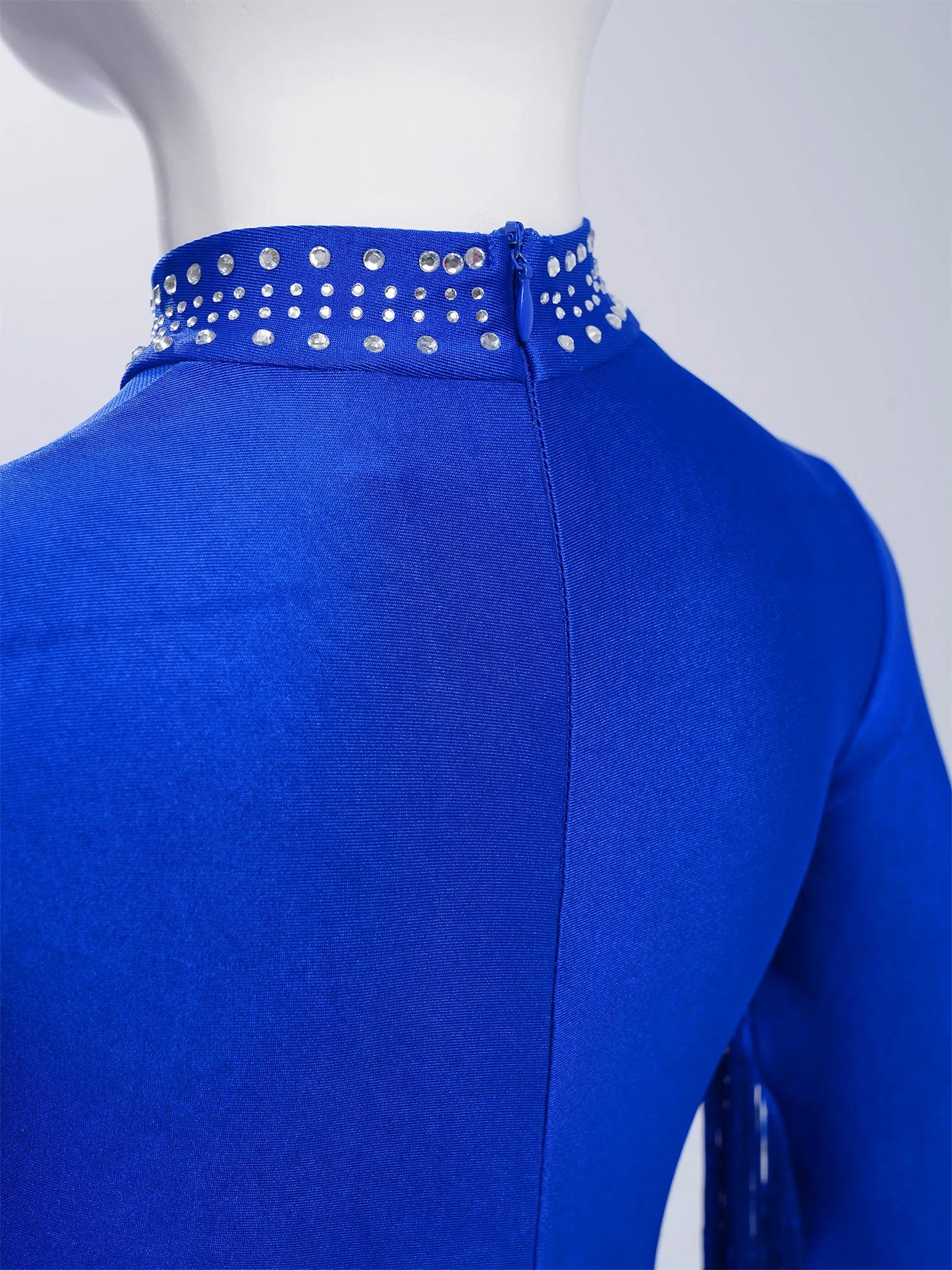 Girls Leotards Jumpsuit for Jazz Latin Skating Competition Costume Tassels Long Sleeve Rhinestones Bodysuit Modern Dancewear
