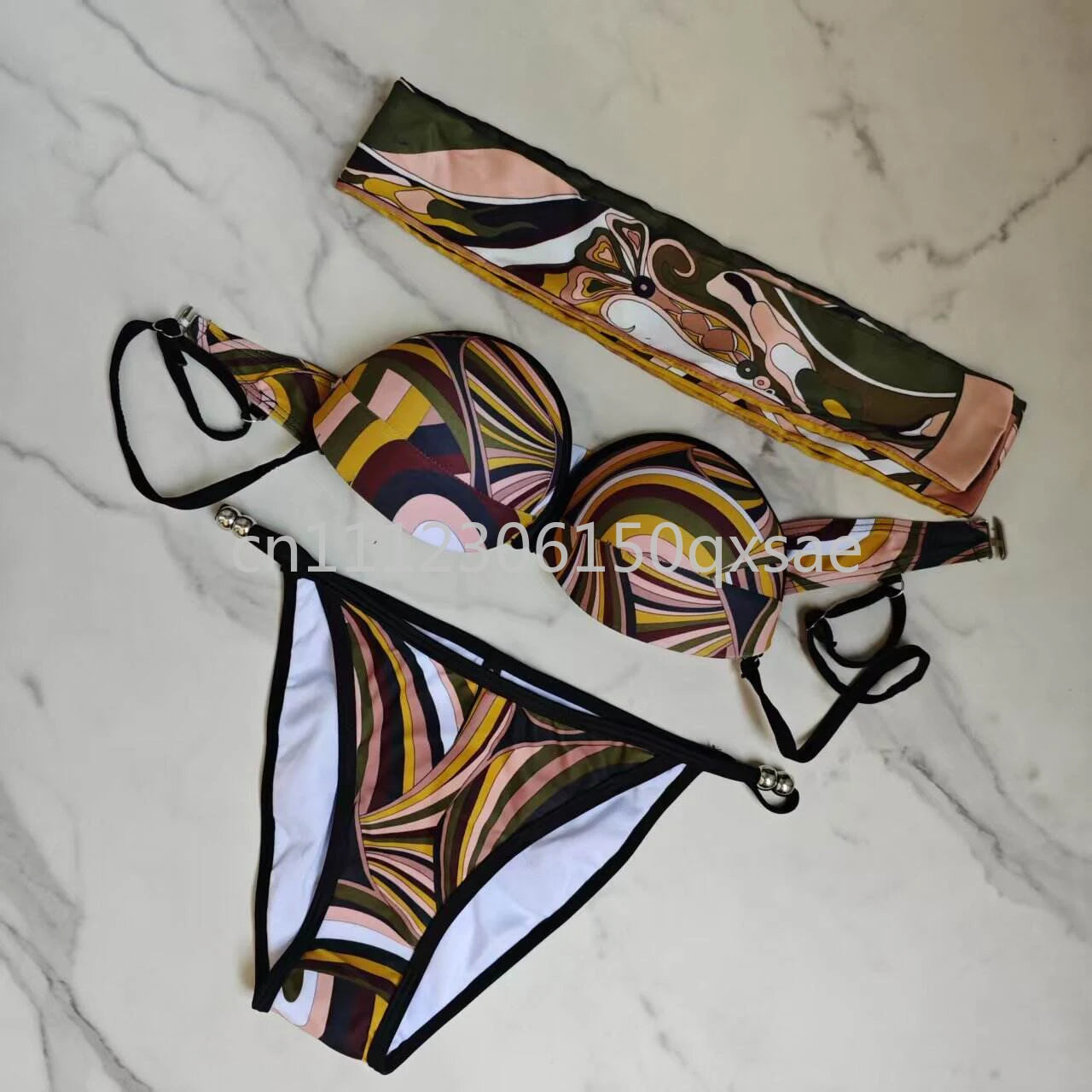 Luxury Design Women's Brown Headband Scarf Swimsuits with Letter Signature Logo Classic Brand Headband Bikini Sets Beachwear