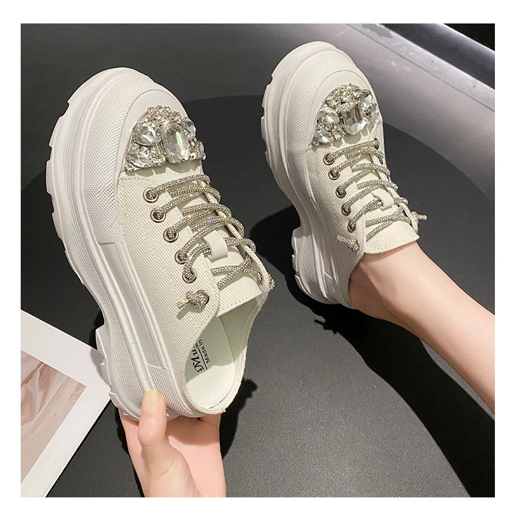 Women Shiny Rhinestones Shoes Four Seasons Casual Sneakers Women Stylish Sport Shoes Lace-Up Sports slippers zapatos mujer