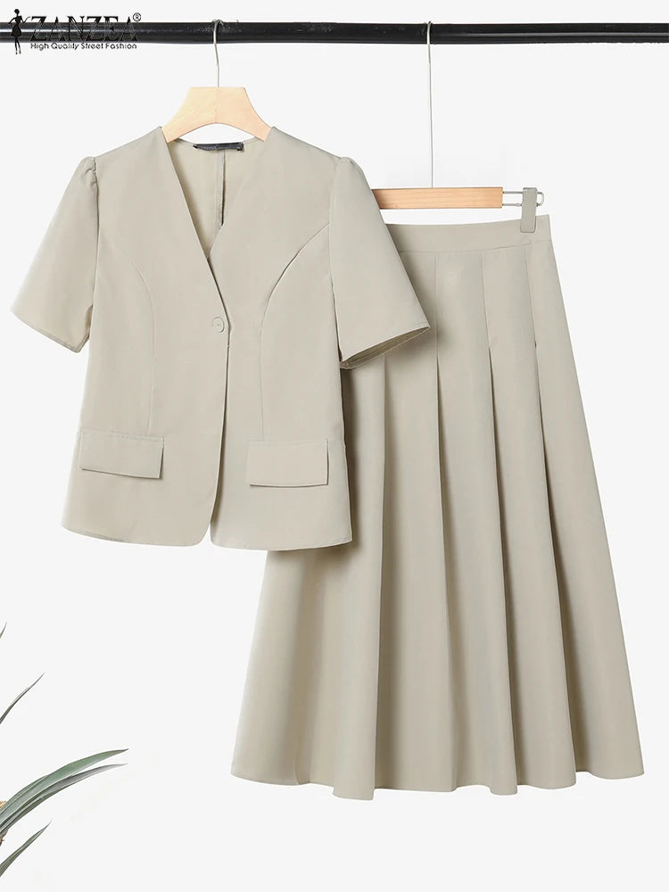 ZANZEA Vintage Outfits Women Fashion Office Dress Sets Solid Shirts A-Line Pleated Maxi Skirts Casual Suits 2025 Matching Sets