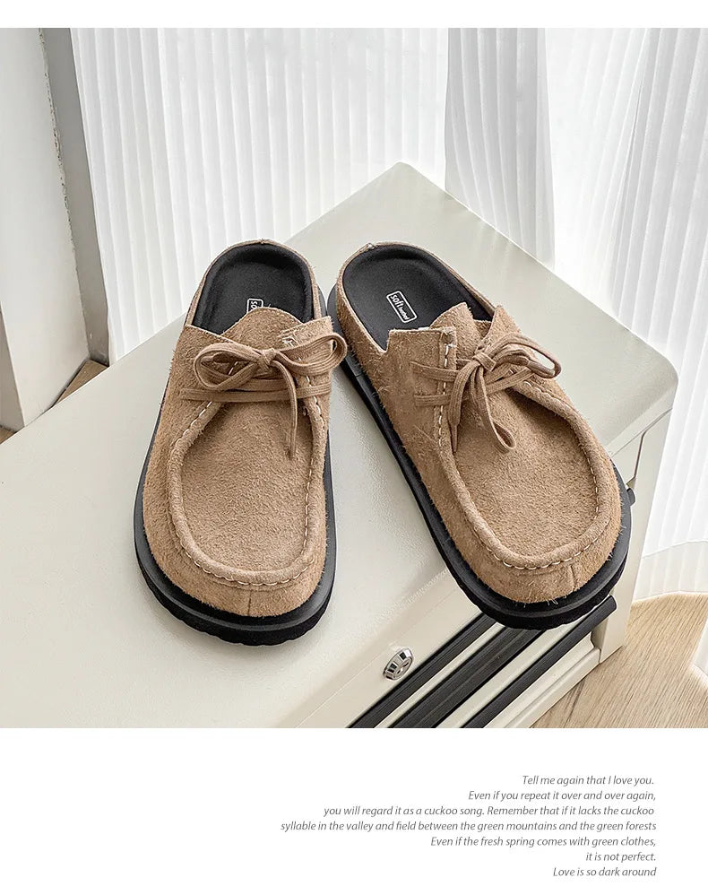 2025 Retro bag head lace-up leather one-pedal summer half slippers men and women couple cowhide shoes