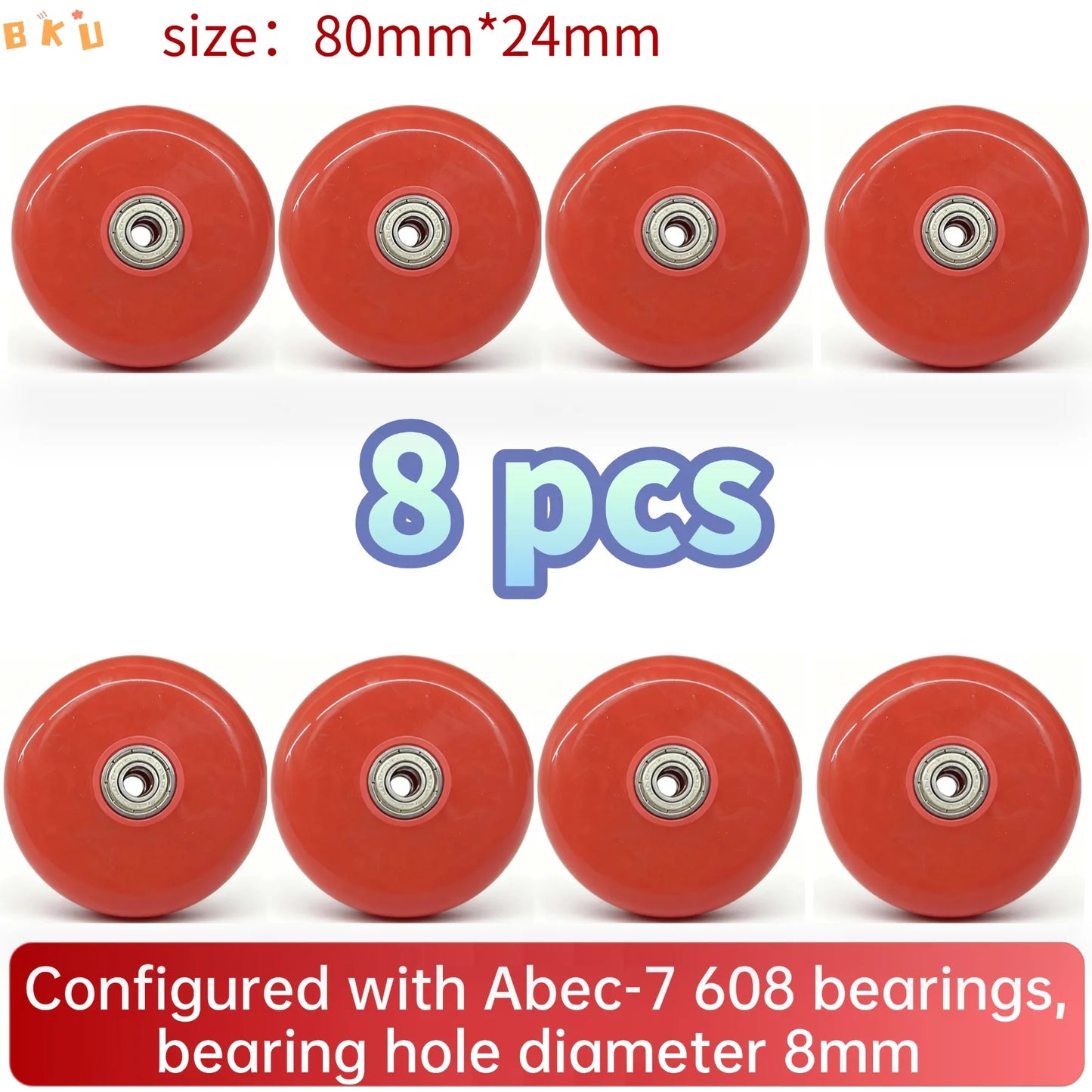 BKU 80mm PU Durable Replacement Wheels (8PCS) - Compatible with Inline Skates Scooters Strollers Suitcases