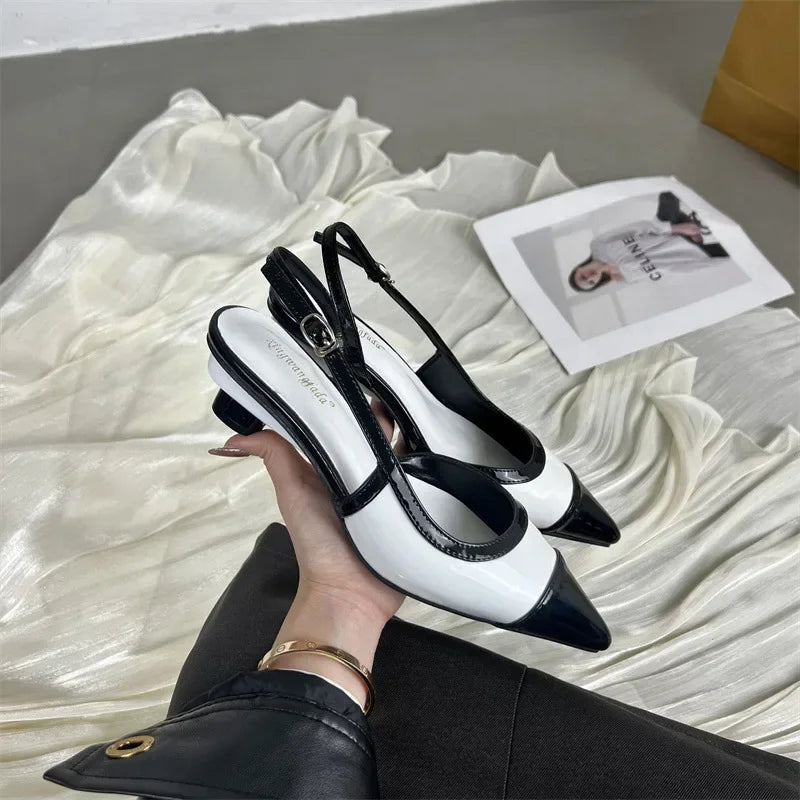 Designer Black White Mixed Color Low Heeled Sandals Women Sexy Pointed Toe Slingbacks Chunky High Heels for Women Elegant Heels