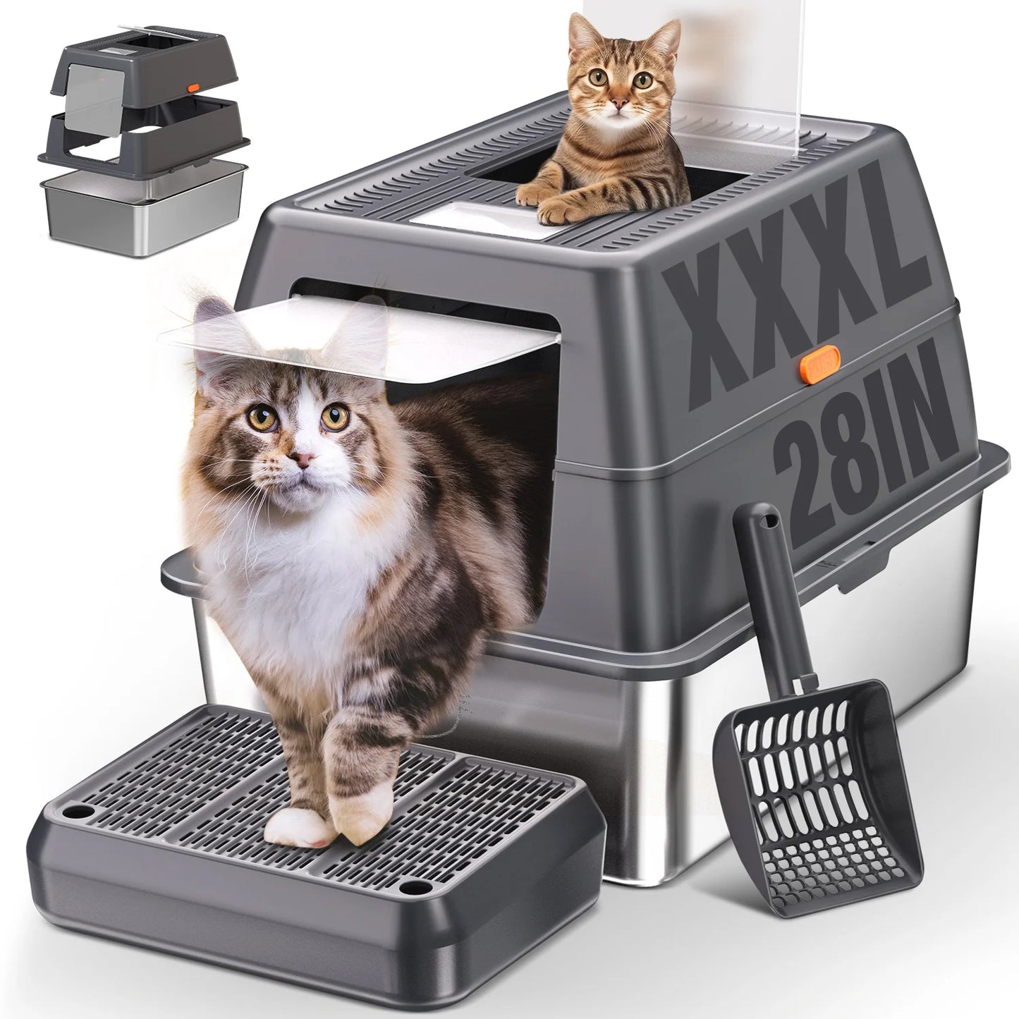 XXXL Stainless Steel Litter Box with Lid，Extra Large 28"L*20"W*18.1"H Metal Cat Litter Boxs,Jumbo Enclosed Removable Litter Box
