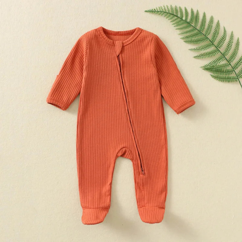 Autumn Zipper Baby Onesie Ribbed Knit Footed Romper Long Sleeve Solid Color Jumpsuit for 0-12M Newborn Infant Outfits