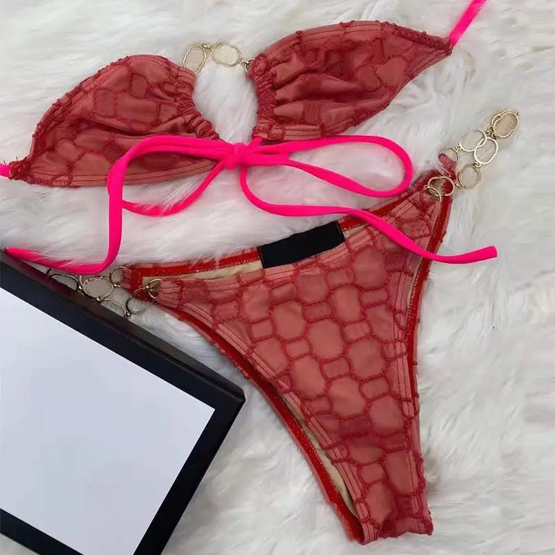 2025 Summer New Women's Outdoor Beach Swimsuit Sexy Hanging Neck Strap Split Bikini