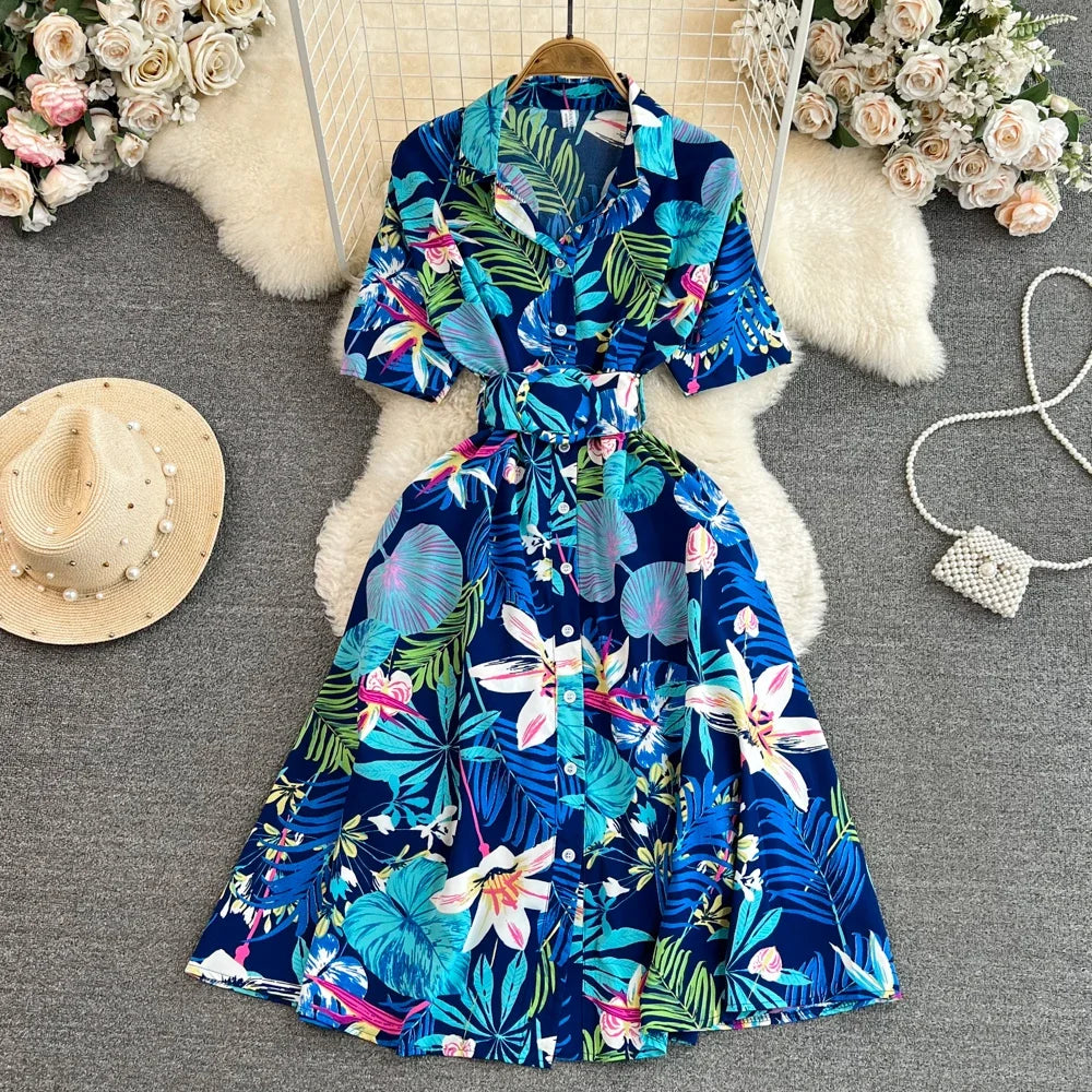 2024 New Summer Women Dress Fashion Print Floral A-line Shirt Dress with Belt Elegant Vintage Off Lady Dress Casual Vestidos
