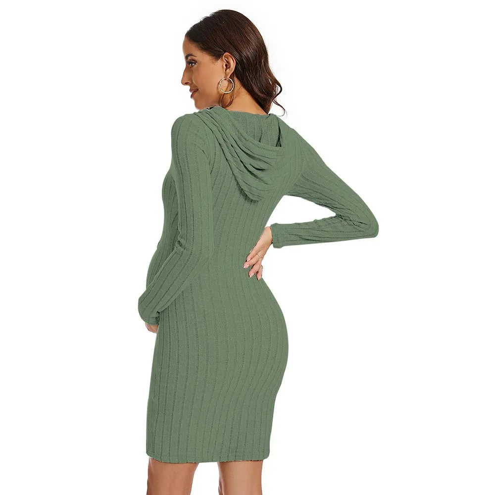Pregnancy Dresses Relaxation Maternity Clothing Autumn Solid Color Knit Hoodie Daily Dress Close-fitting Skirt Women Clothes