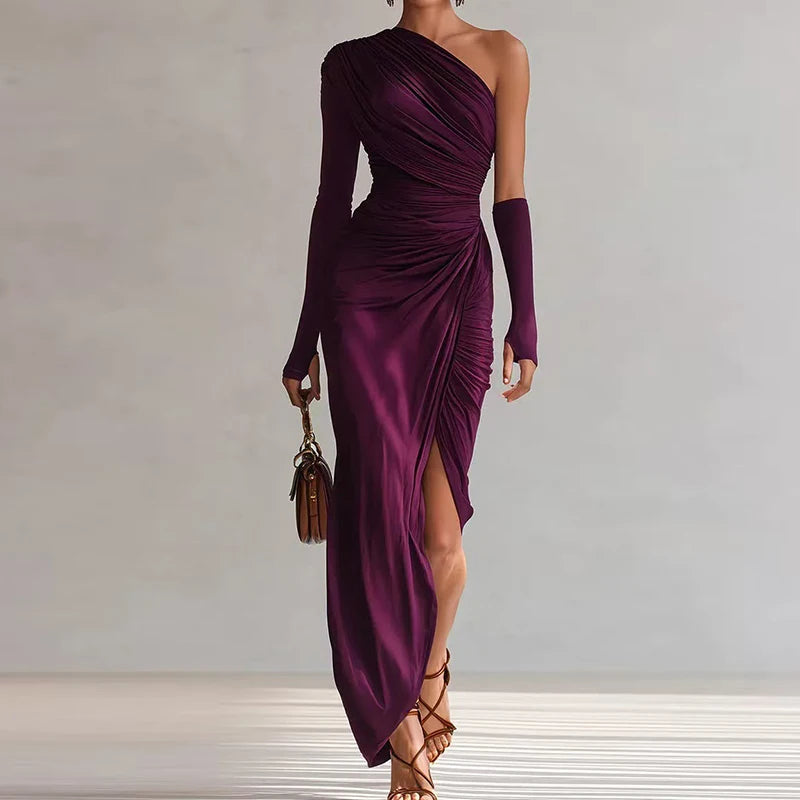 Spring Summer Skew Collar Solid Maxi Dress, Women Holiday Fashion One Shoulder Party Dress, 2026 Elegant Patchwork Ladies Dress