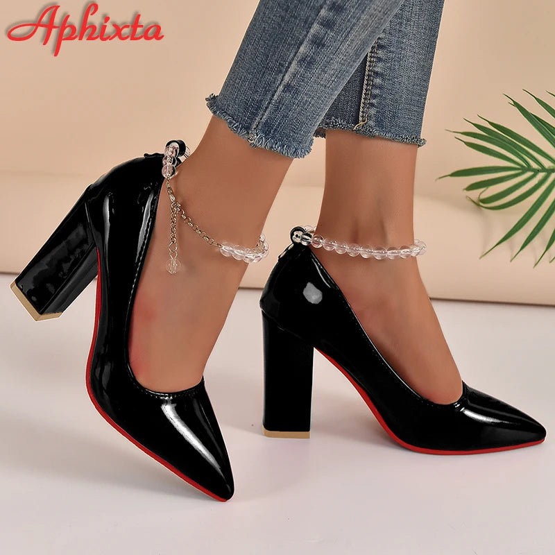 Aphixta Crystal Glass Ball 3.94inch High Square Heels Pumps Women Transparent String Bead Chain Strap Shoes Big Size 50 53
