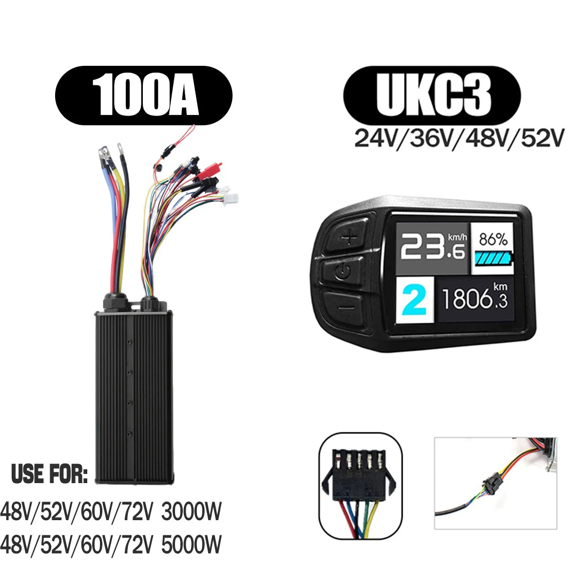 Ebike Sine Wave Display Controller 100A Three-Mode 48V52V60V72V with Learning Function UKC1 LCD Color Display 3000W5000W Motor