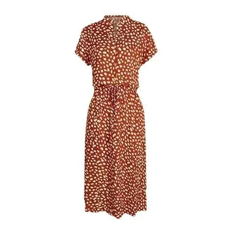 New Fashion Women's Polka Dot Print Short Sleeve Midi Dress Cotton Summer New Arrival Knee-Length Stand Collar Regular Waist