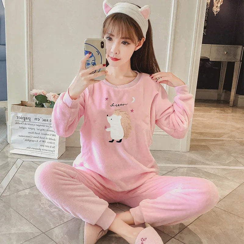 Autumn Long Sleeve flannel Maternity Clothing winter Thin coral fleece Pajamas Set Pregnant Women Breastfeeding Nursing Pyjama
