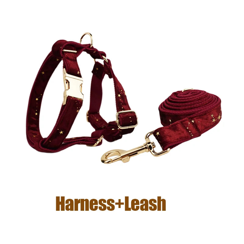 Luxury Fashion Pet Accessories Custom Design Logo Black Bottom Flower Sublimation Dog Collar Leashes Harness Bow Set Star02