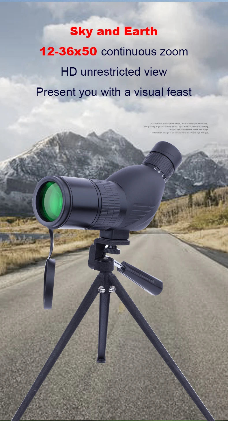 12-36X50 HD Zoom Monocular Spotting Scope Powerful Telescope Bak4 Prism Waterproof Anti-Fog for Outdoor Camping Bird Watching