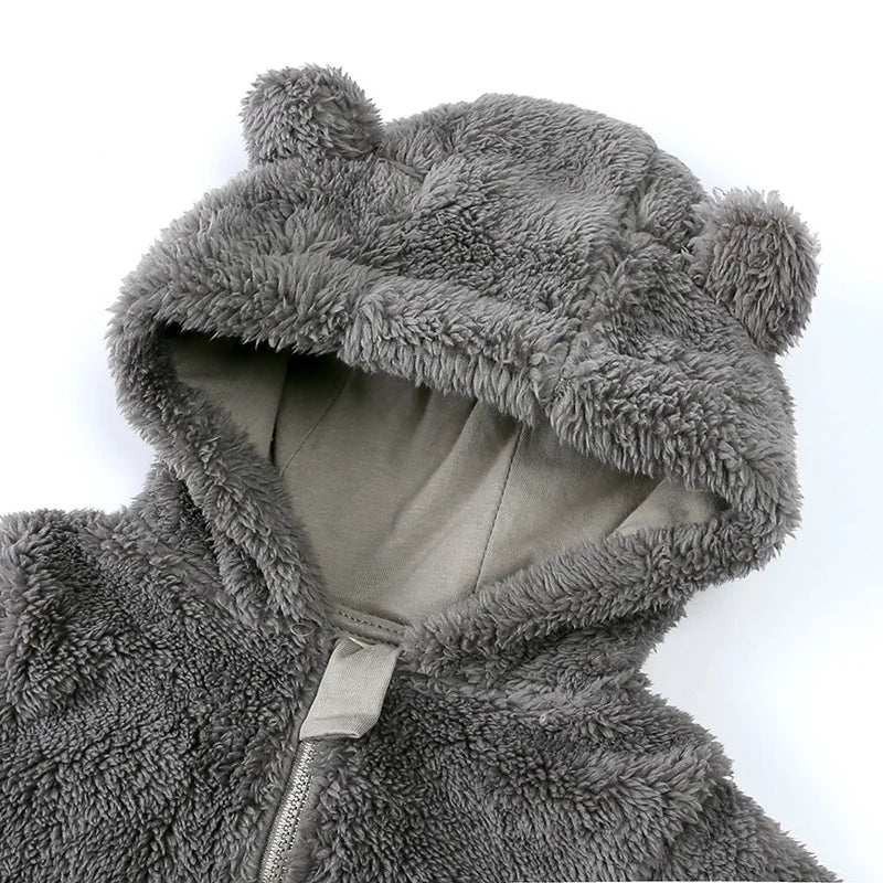 2025 Warm Footed Baby Romper Zipper Closure Fall Newborn Bear Ear Hooded Fuzzy Onesie Outfit Infant Boys Girls 100 Days Jumpsuit