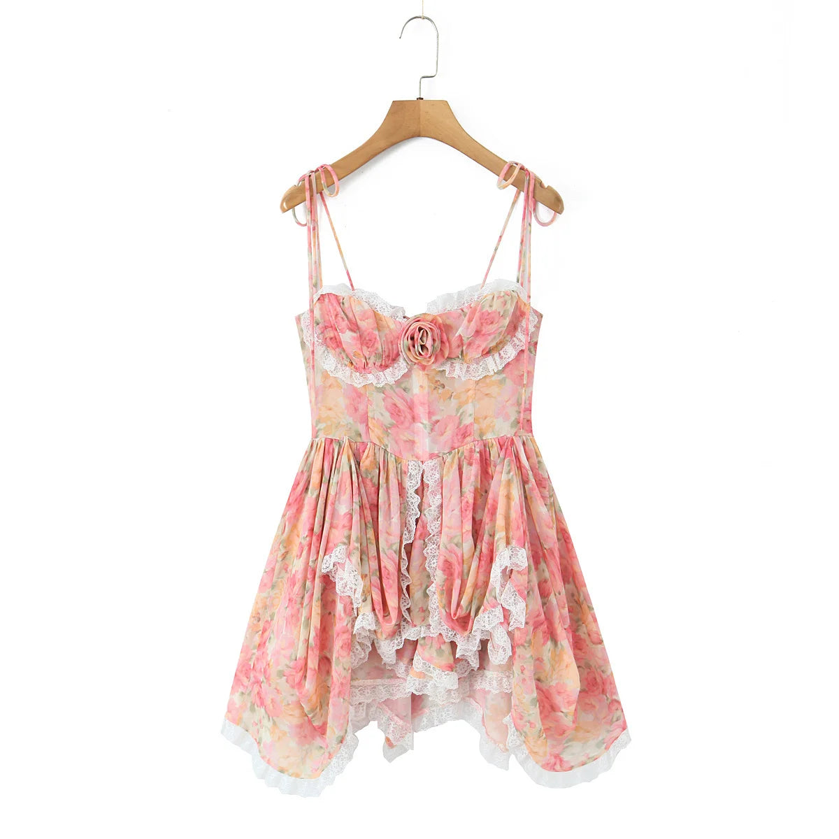 YENKYE Sexy Sling Floral Print Boho Beach Dress Women New 226  Lace Trim  Irregular Hem Holiday Summer Dresses Short Robe