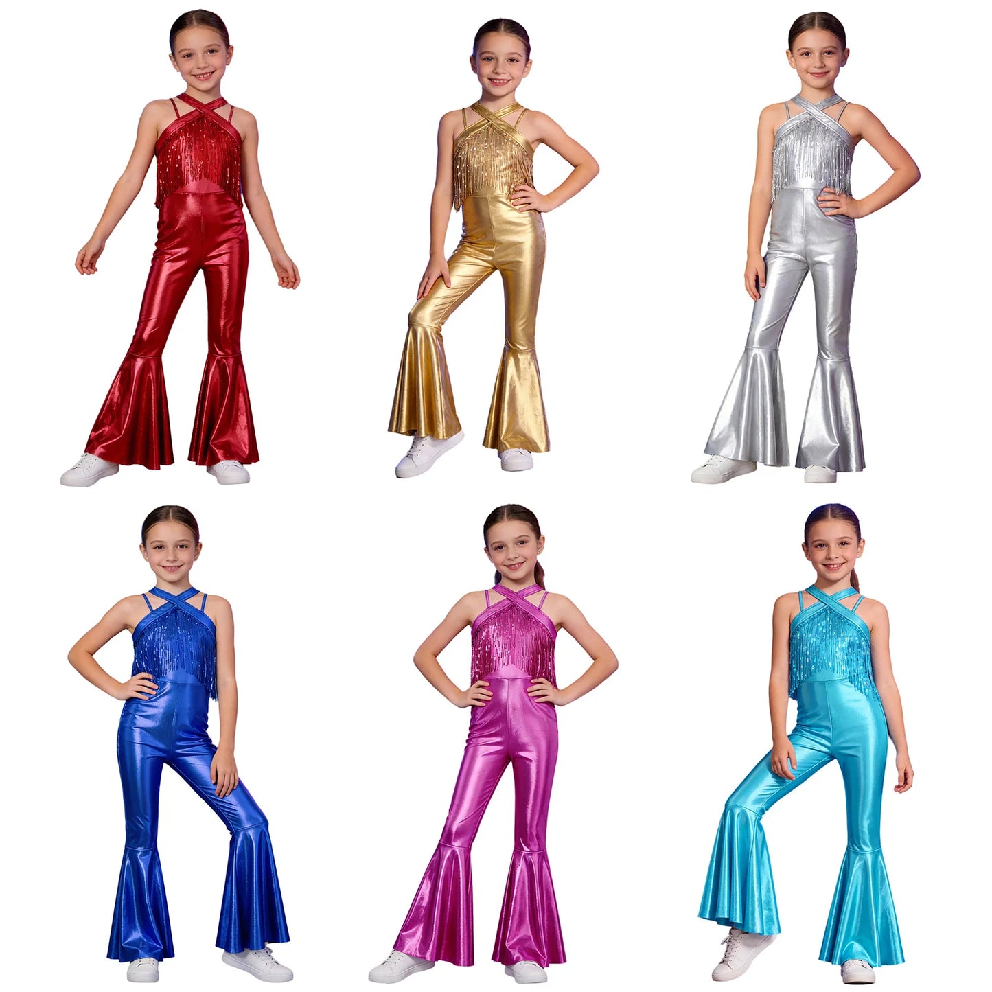 Kids Girls Hippie Halloween Costume Tassels Unitard Bell-bottom Long Pants Bodysuit Jumpsuit Disco Dance 60s 70s Rave Party Wear