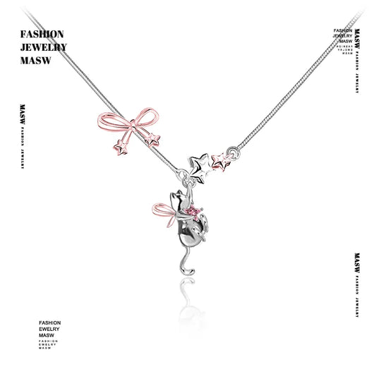 MASW Original Design Luxury Temperament Pink Bowknot Cats Pendant Necklace For Women Party Gifts Fashion Jewelry Accessories