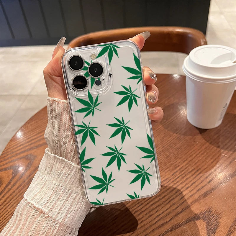 Green Leaf Pattern Phone Case for iPhone 17 Air 16 15 14 11 Pro Max Plus 13 12 Mini X 8 7 Soft TPU Back Cover Coque