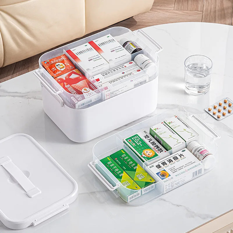 Multi-Layer Medicine Storage Box - Portable Home Emergency Organizer with Snap Closure, Durable Plastic Material, for Storing and Organizing Medicines and Miscellaneous Items