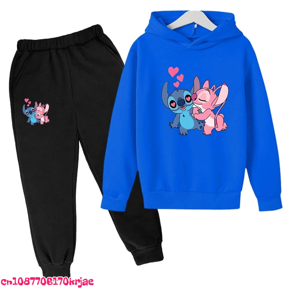 2025 Stitch Children's Hoodie Clothing Leisure Outerwear Black Sweatshirt +pants Set Suitable 3-12 Years Boys Girls Gift Spring