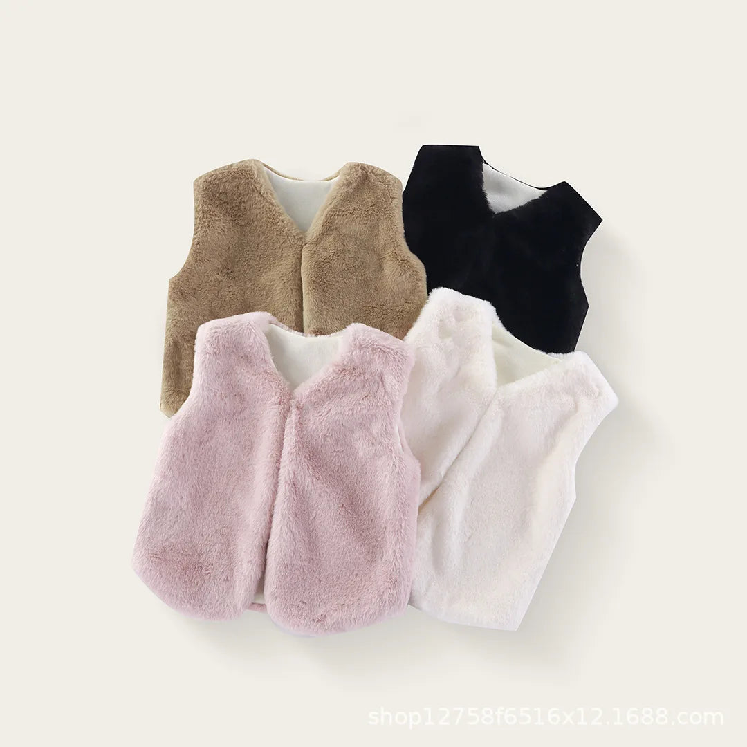 2025 Baby bodysuit Girls' imitation fur vest Children's plush vest Autumn and winter vest Girls' plush thermal vest jacket whole