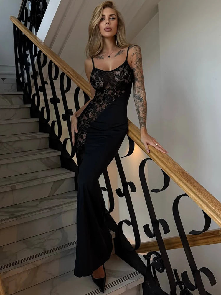 Mozision Spaghetti Strap Lace See Through Sexy Maxi Dress Women Elegant Black Sleeveless Backless Bodycon Club Party Long Dress