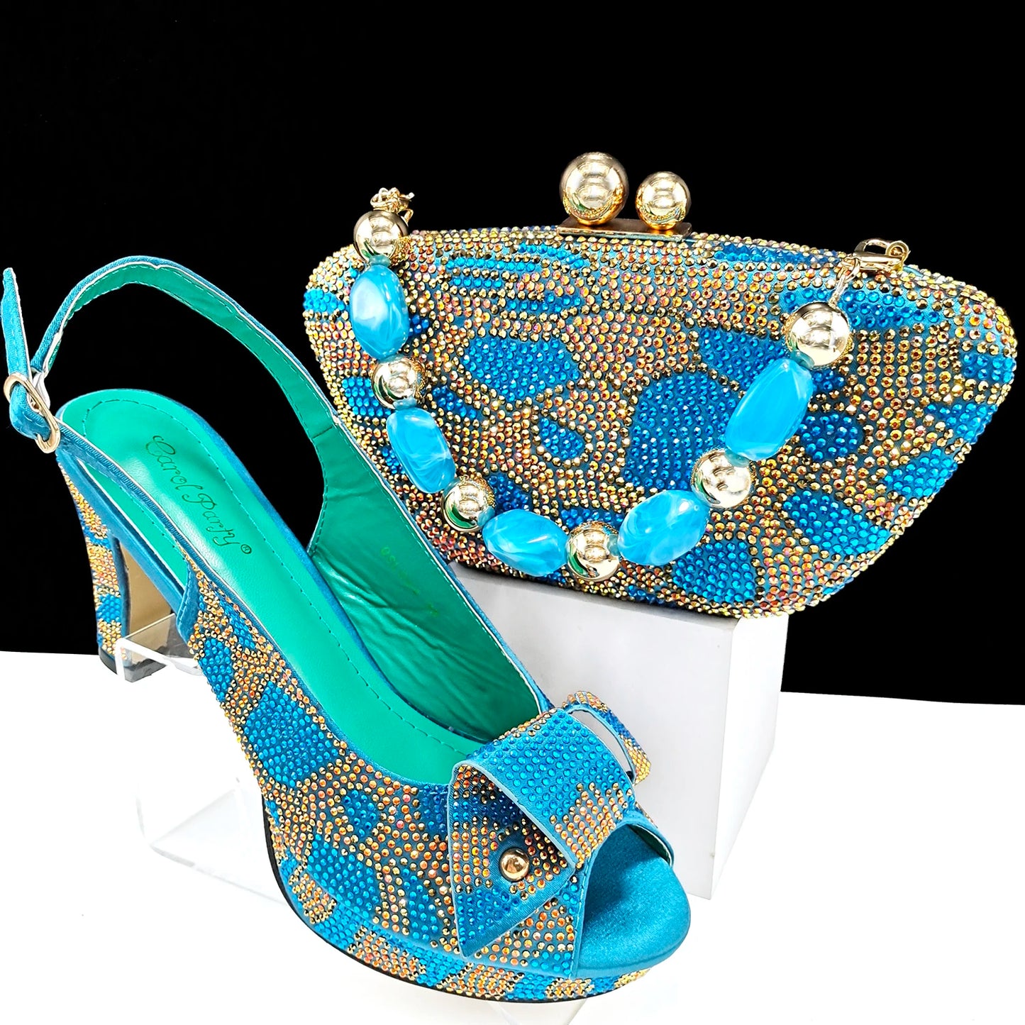 New Arrival Sky Blue Color Platform Design Party Wedding High Heel Peep Toe Lady Shoes and Bag Set and A Pair of Shoes