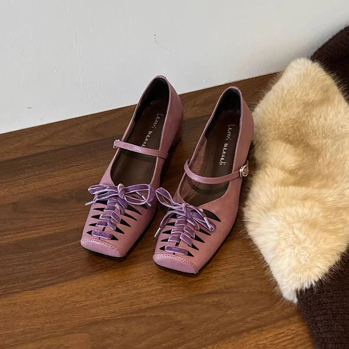 French-style Square-toe Hollow Lace-up Height-increasing Mary Jane Shoes for Women with Single-strap Fashion Shallow-cut Flats