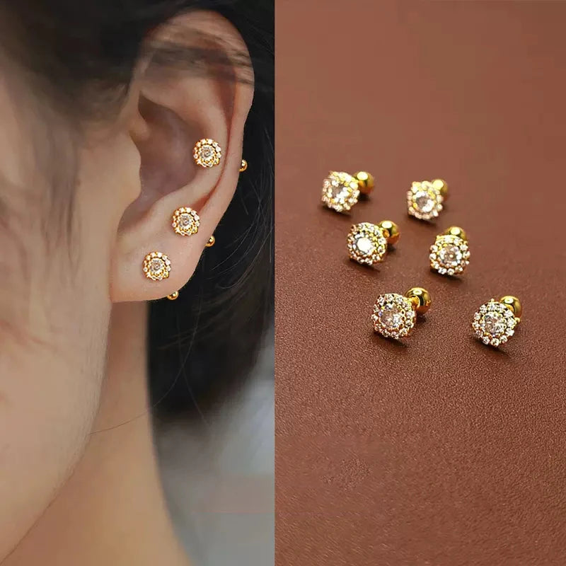 925 Sterling Silver Flash Earrings Shiny Zircon Earrings Female Gold Color Screw Ear Bone Jewelry for Women Fashion Accessories