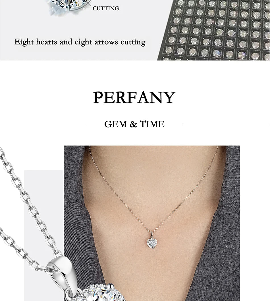 PERFANY 1CT Heart Cut Moissanite Necklace for Women S925 Pure Silver Sparkling Diamond Pendant Fashion Jewelry Party Gift
