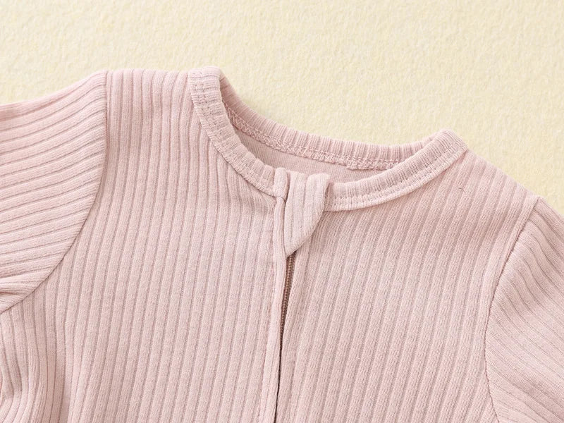 Autumn Zipper Baby Onesie Ribbed Knit Footed Romper Long Sleeve Solid Color Jumpsuit for 0-12M Newborn Infant Outfits