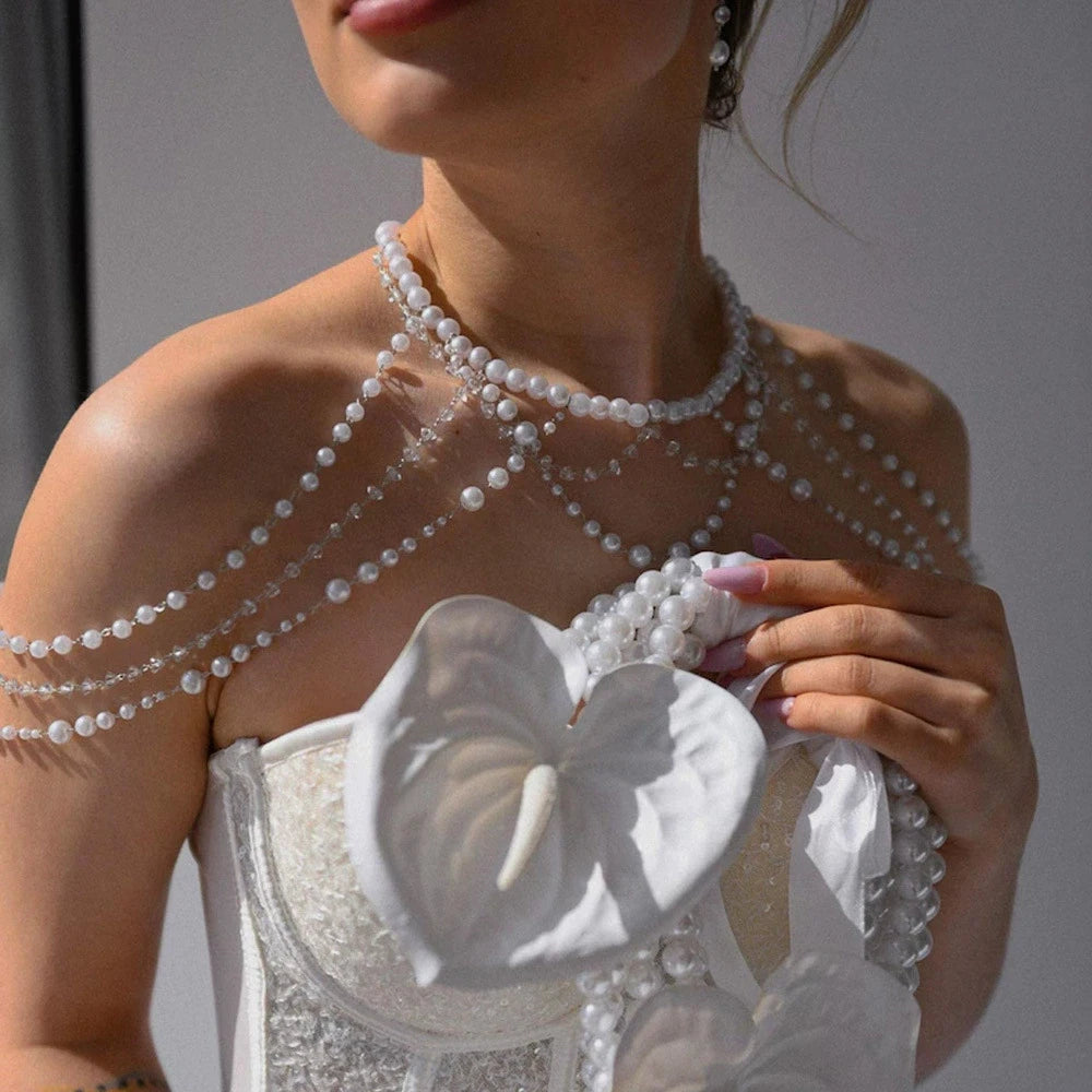 Multilayer Pearl Shoulder Chain Necklace Dress Women Accessories Elegant Banquet Rhinestone Bridal Body Chain Wedding Jewelry