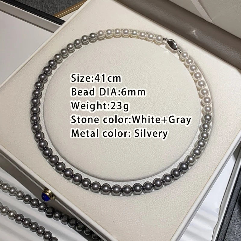 French Socialite White Gradient Gray Pearl Bead Necklace 2024 Fashion Jewelry Sets For Women's Sexy Collarbone Chain Accessories