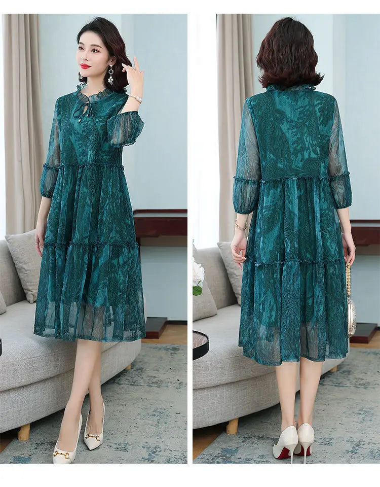 Summer New Casual Half Sleeve Midi Dress Vintage Printed Women's Clothing Ruffles Spliced Stylish Drawstring Loose Gauze Dresses