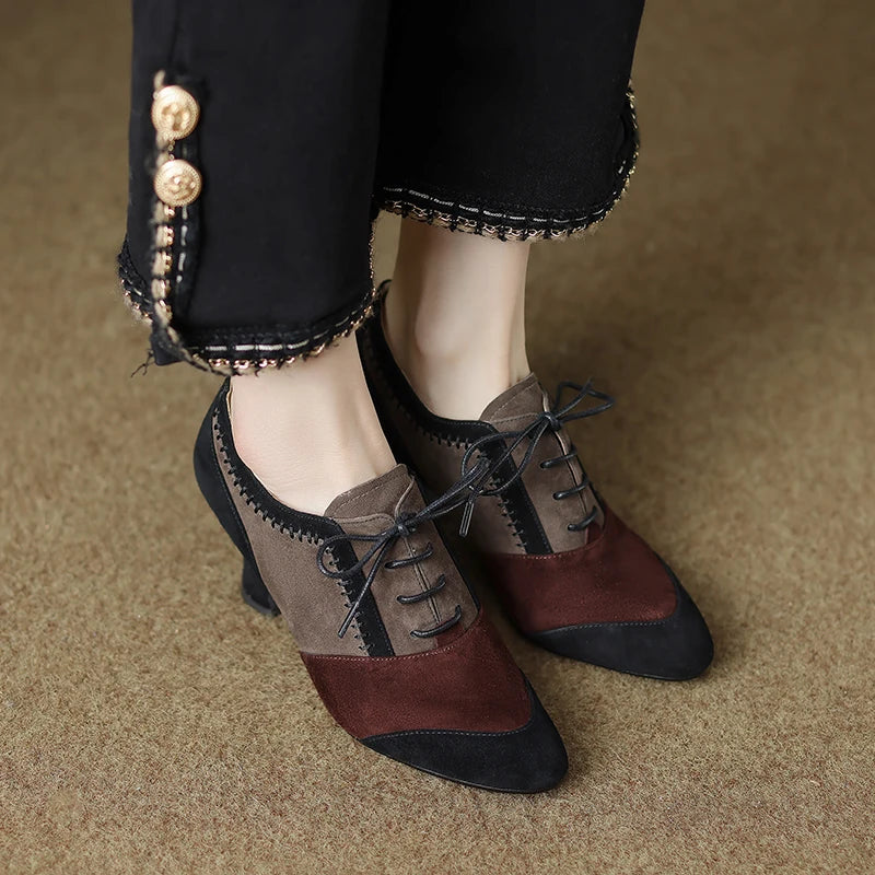 2025 New Spring Autumn Retro Mature Women Pumps Office Ladies High-heeled Lace-Up Genuine Leather Suede Shoes Woman High Quality