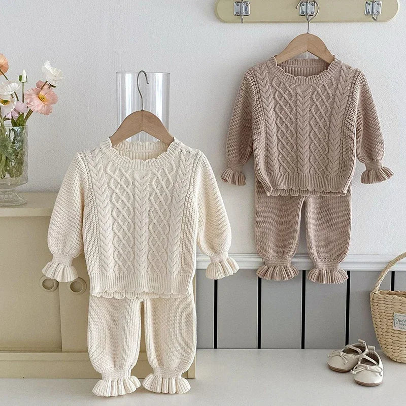 2024 New Autumn Toddler Baby Girl Knitting Clothes Suit Long Sleeved Solid Color Knitted Sweater+Pants Children Clothes Set