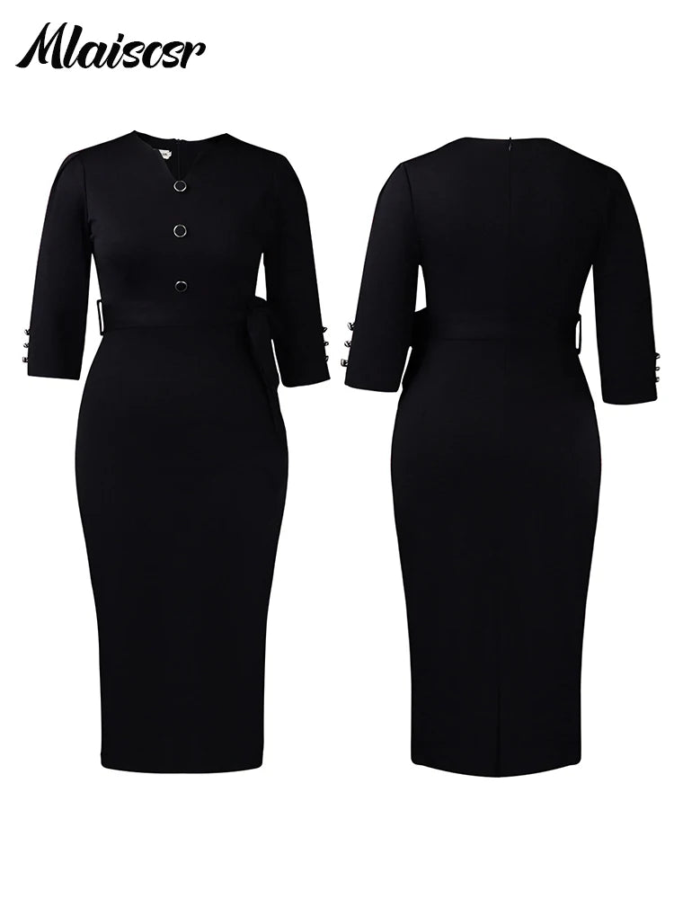 Mlaiscsr Fashion Slim Midi Dress Women Autumn Casual V-Neck Lace-up Long Sleeve Pencil Dresses Elegant Office Work African Robe