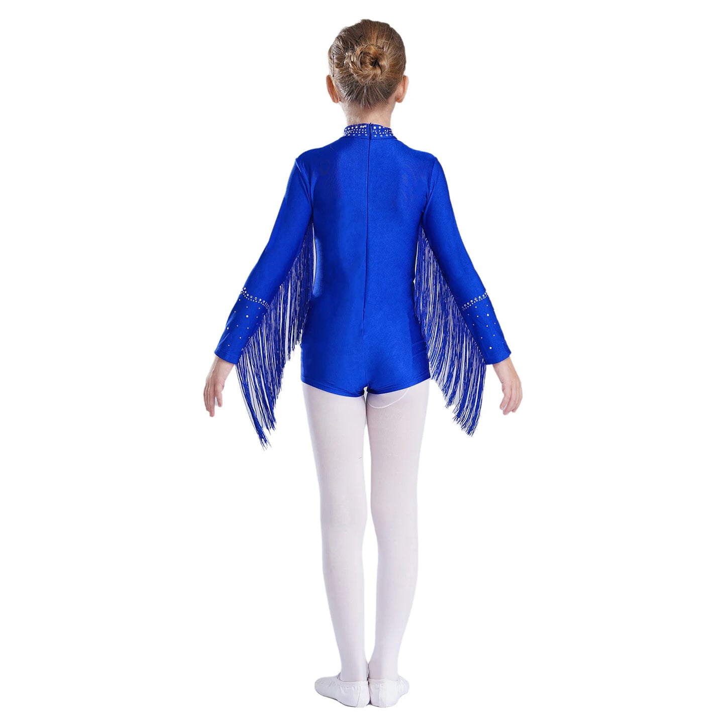 Girls Leotards Jumpsuit for Jazz Latin Skating Competition Costume Tassels Long Sleeve Rhinestones Bodysuit Modern Dancewear