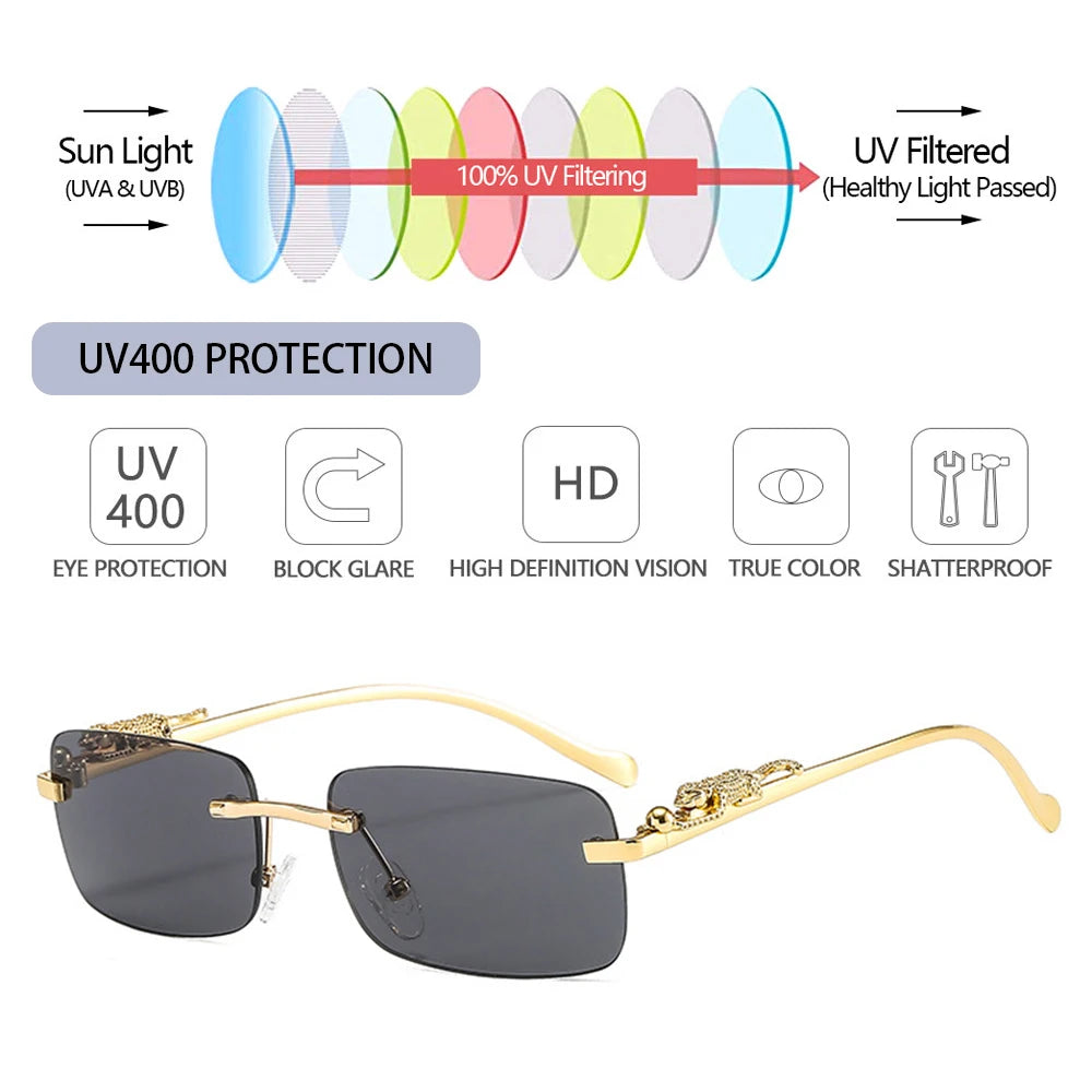 Rimless Square Sunglasses Women Men Luxury Brand Designer Popular Travel Driving Metal Leopard Head Sun Glasses Shade Eyewear