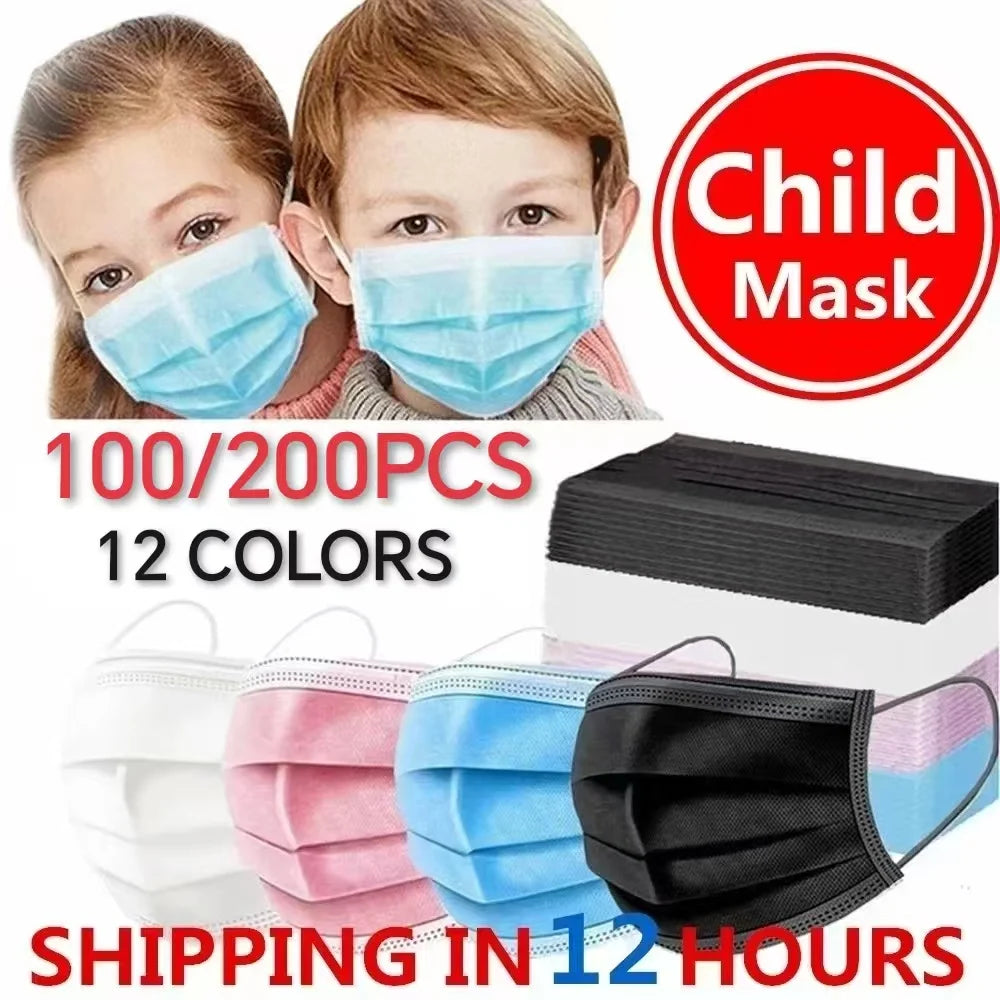100-200pcs Black Kid Disposable Protective Mask 3 Layer Nonwoven Kids Filter Hygiene Thicken Children's Cartoon Face Mouth Masks